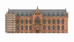 Illustration einer historischen neugotischen Sandsteinfassade mit Baugerüst als Symbol für die Sanierung der Alten Universität Marburg.
