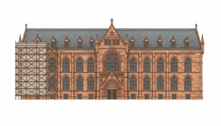 Illustration einer historischen neugotischen Sandsteinfassade mit Baugerüst als Symbol für die Sanierung der Alten Universität Marburg.
