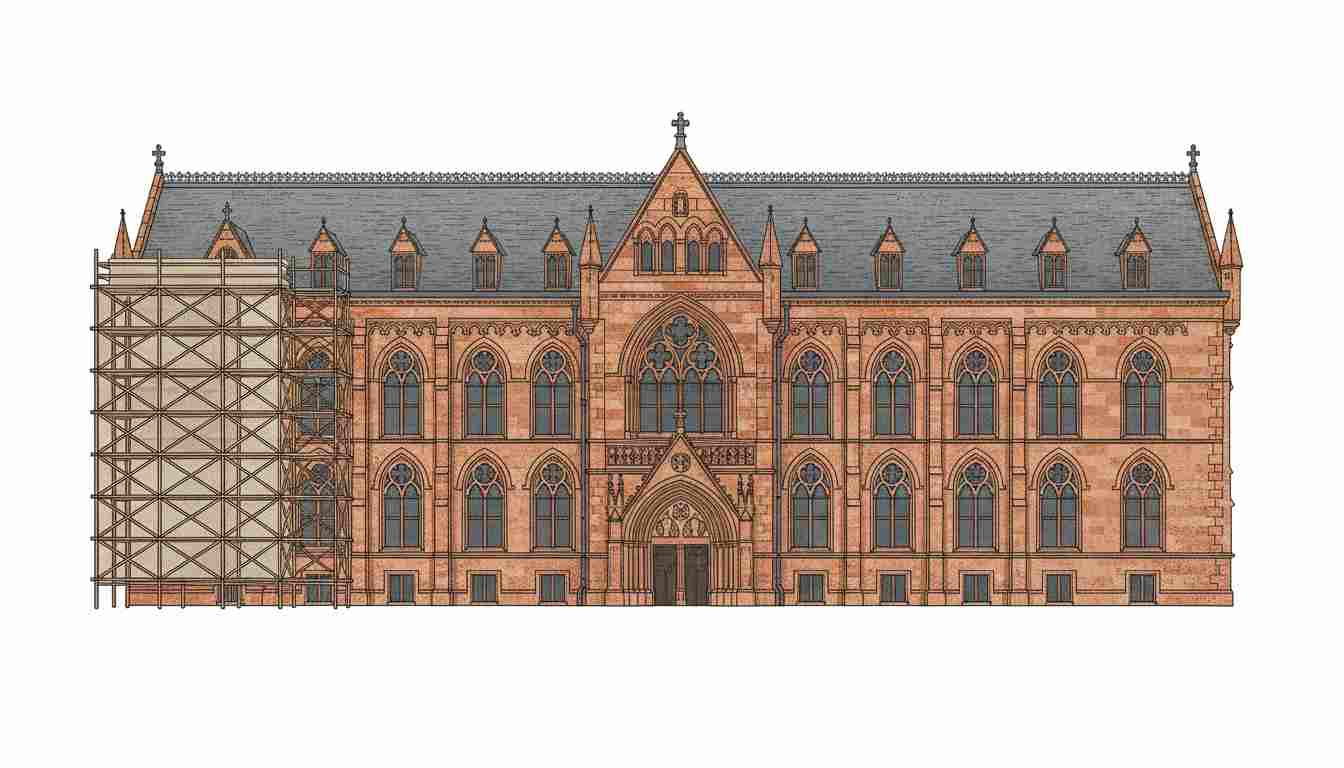 Illustration einer historischen neugotischen Sandsteinfassade mit Baugerüst als Symbol für die Sanierung der Alten Universität Marburg.