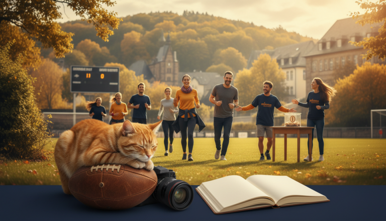 Symbolbild zur redaktionellen Sportauswahl von FMG: Katze mit Fußball, Kamera und Notizbuch im Vordergrund; dahinter ein kleiner gemeinnütziger Lauf im herbstlichen Stadtbild.