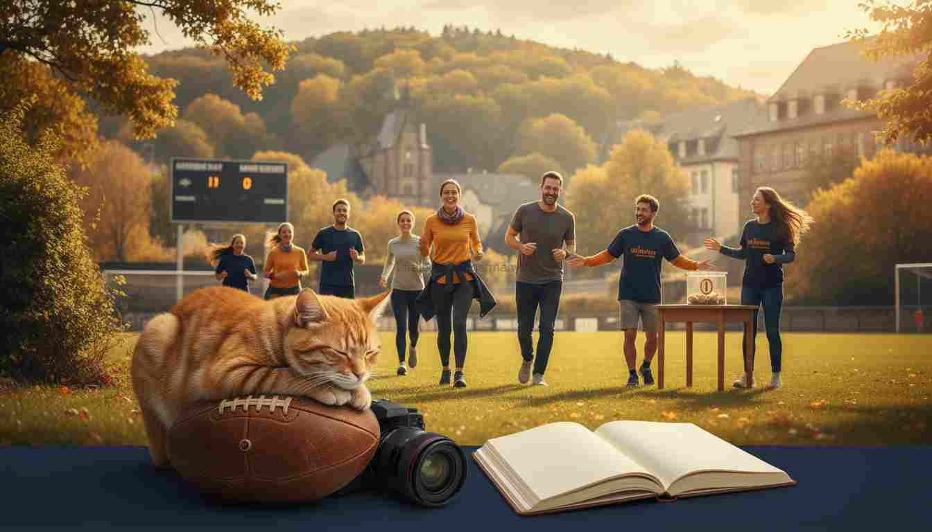 Symbolbild zur redaktionellen Sportauswahl von FMG: Katze mit Fußball, Kamera und Notizbuch im Vordergrund; dahinter ein kleiner gemeinnütziger Lauf im herbstlichen Stadtbild.
