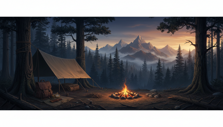 Symbolbild einer Survival-Landschaft mit Wald, Ausrüstung, Feuerstelle und Bergkulisse, KI-generierte Illustration.