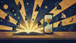 KI-generierte Symbolillustration zu Philosophie und Lebensfragen: offenes Buch, Sanduhr und goldene Lichtstrahlen auf einem Schreibtisch.