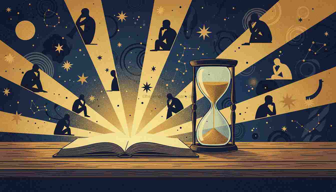 KI-generierte Symbolillustration zu Philosophie und Lebensfragen: offenes Buch, Sanduhr und goldene Lichtstrahlen auf einem Schreibtisch.