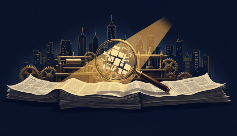 Symbolische Illustration für Journalismus, unabhängige Medien und Pressefreiheit: Zeitungen, Lupe und Licht auf dunklem Hintergrund.