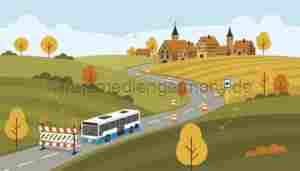 KI-generierte Symbolillustration einer Straßenbaustelle mit Absperrung, Umleitung und Linienbus in einer hügeligen Landschaft.