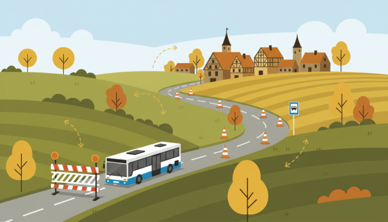 KI-generierte Symbolillustration einer Straßenbaustelle mit Absperrung, Umleitung und Linienbus in einer hügeligen Landschaft.