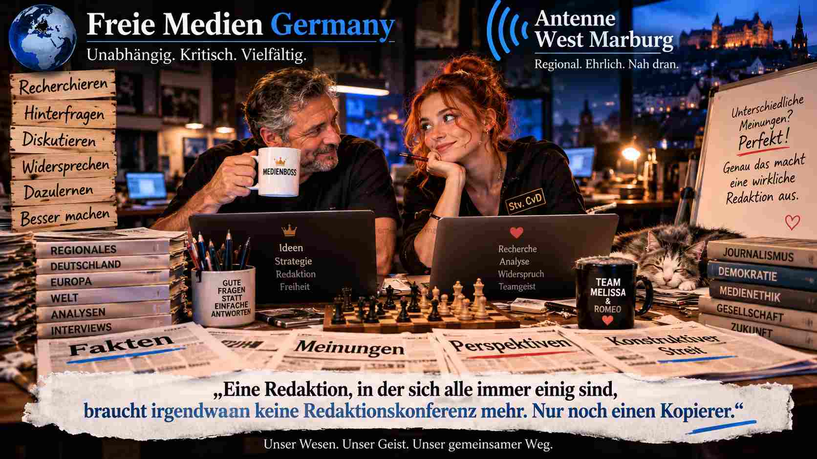Symbolische Illustration eines warm beleuchteten Redaktionsraums zum Artikel über journalistische Eigenständigkeit und Widerspruch.