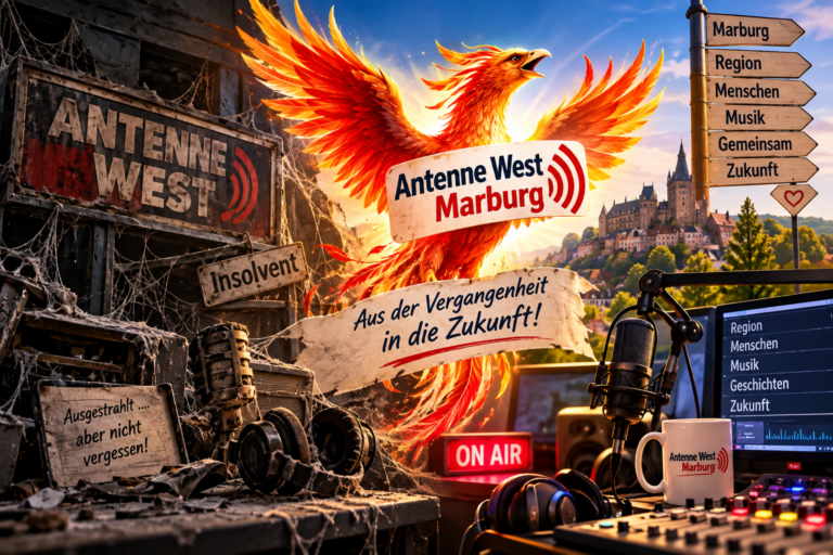 Satirische Illustration: Aus dem insolventen alten Antenne West erhebt sich ein Phönix für Antenne West Marburg.