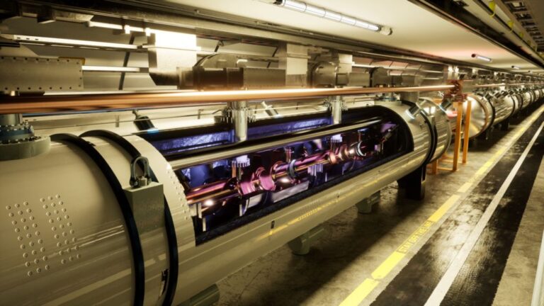 Künstlerische Darstellung des geplanten CERN-Teilchenbeschleunigers FCC-ee mit Beschleunigerröhre im Tunnel; kein Foto einer existierenden Anlage.