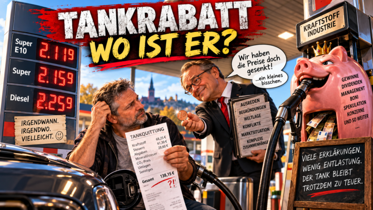 Satirische KI-Illustration zum Beitrag über Tankrabatt und hohe Spritpreise.