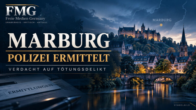 Illustrative FMG-Titelgrafik mit stilisierter Marburger Stadtkulisse bei Dämmerung und der Überschrift Polizei ermittelt; ausdrücklich als Symbolbild gekennzeichnet.