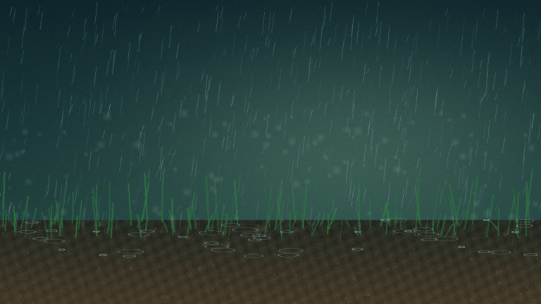 Digitale Symbolillustration: Feiner Regen fällt auf feuchte Erde und Grashalme, im Licht schimmern kleine Partikel.