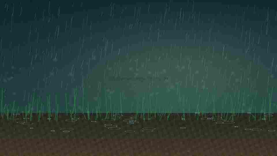Digitale Symbolillustration: Feiner Regen fällt auf feuchte Erde und Grashalme, im Licht schimmern kleine Partikel.