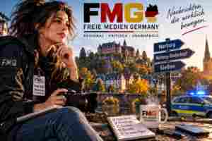 KI-generierte Symbolillustration zur regionalen Nachrichtenarbeit von Freie Medien Germany: fiktive Redaktionsfigur, regionale Wegweiser und Polizeifahrzeug vor stilisierter Stadtkulisse; keine echte Reportageaufnahme.