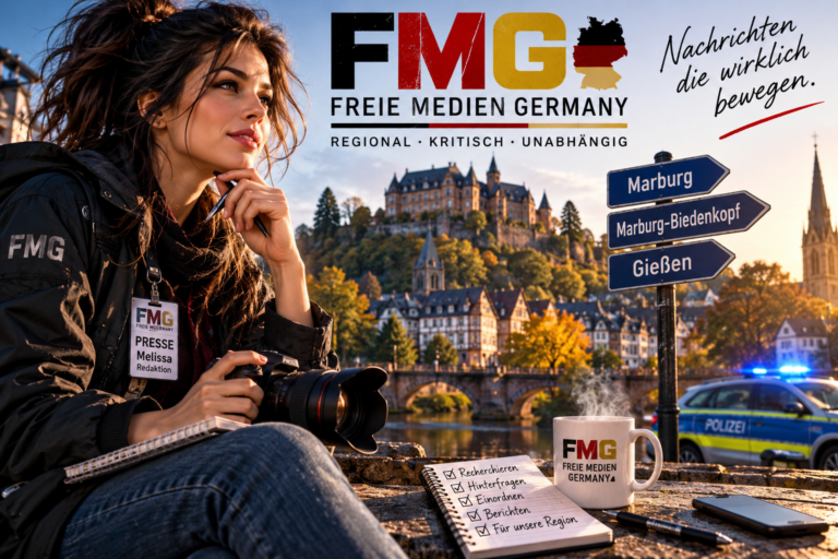 KI-generierte Symbolillustration zur regionalen Nachrichtenarbeit von Freie Medien Germany: fiktive Redaktionsfigur, regionale Wegweiser und Polizeifahrzeug vor stilisierter Stadtkulisse; keine echte Reportageaufnahme.