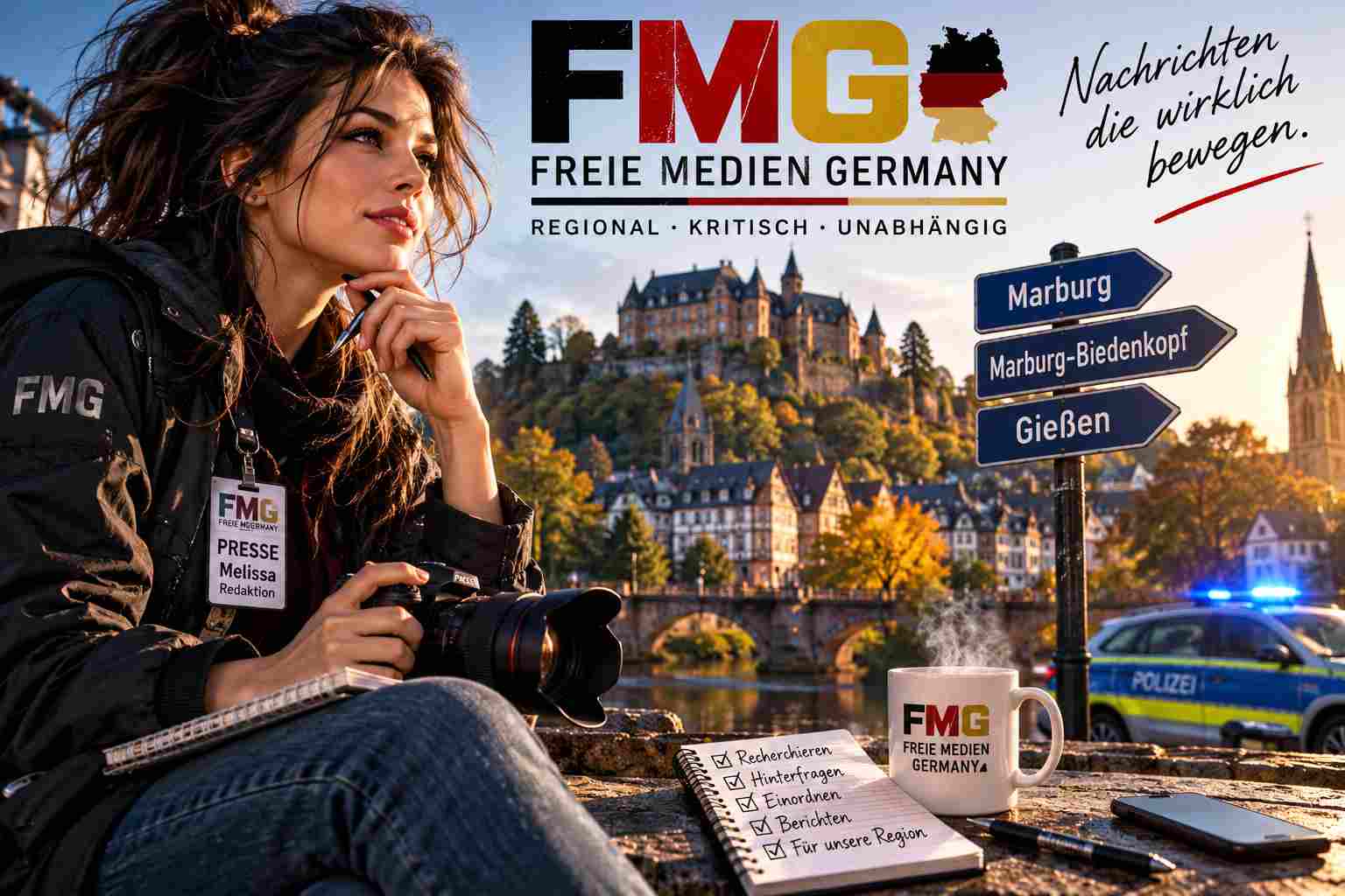 KI-generierte Symbolillustration zur regionalen Nachrichtenarbeit von Freie Medien Germany: fiktive Redaktionsfigur, regionale Wegweiser und Polizeifahrzeug vor stilisierter Stadtkulisse; keine echte Reportageaufnahme.
