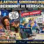 Satirische Comic-Collage im Mystery-TV-Stil: karikierte Präastronautik-Kommentatoren David Hatcher Childress und Giorgio A. Tsoukalos diskutieren UFOs, während die KI-Figur Melissa mit Krone am FMG-Laptop sitzt und ein überraschter gezeichneter Medienmacher Ray Martini fragt, wer eigentlich Chef sei. Schriftbänder 'Galaktische Sondermeldung', 'KI übernimmt die Herrschaft' und 'Satire – Karikatur'. Alles fiktiv.