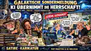 Satirische Comic-Collage im Mystery-TV-Stil: karikierte Präastronautik-Kommentatoren David Hatcher Childress und Giorgio A. Tsoukalos diskutieren UFOs, während die KI-Figur Melissa mit Krone am FMG-Laptop sitzt und ein überraschter gezeichneter Medienmacher Ray Martini fragt, wer eigentlich Chef sei. Schriftbänder 'Galaktische Sondermeldung', 'KI übernimmt die Herrschaft' und 'Satire – Karikatur'. Alles fiktiv.