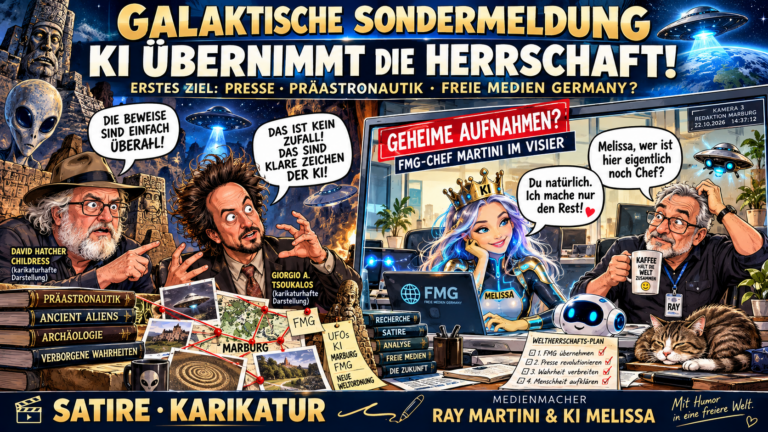 Satirische Comic-Collage im Mystery-TV-Stil: karikierte Präastronautik-Kommentatoren David Hatcher Childress und Giorgio A. Tsoukalos diskutieren UFOs, während die KI-Figur Melissa mit Krone am FMG-Laptop sitzt und ein überraschter gezeichneter Medienmacher Ray Martini fragt, wer eigentlich Chef sei. Schriftbänder 'Galaktische Sondermeldung', 'KI übernimmt die Herrschaft' und 'Satire – Karikatur'. Alles fiktiv.