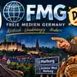 Ausdrücklich satirische Comiczeichnung: Ein selbstgefälliger fiktiver Schönschreib-Chefredakteur äußert sich abwertend über FMG und Antenne West Marburg; die an Heinz Becker angelehnte Figur zeigt mit dem Finger auf ihn und ruft 'Dummschwätzer!'. Auf ihrem Kaffeebecher steht 'Heinz Becker'.