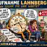 Farbige, ausdrücklich satirische Karikatur eines überfüllten fiktiven Wartezimmers der Notaufnahme Lahnberge: Eine übermüdete Wanduhr sitzt als Patient zwischen Wartenden; Kalenderblätter stapeln sich, der Cartoon trägt den Titel ‚Wenn sogar die Uhr wartet‘. Erfundene Szene, keine Dokumentation einer tatsächlichen Situation.