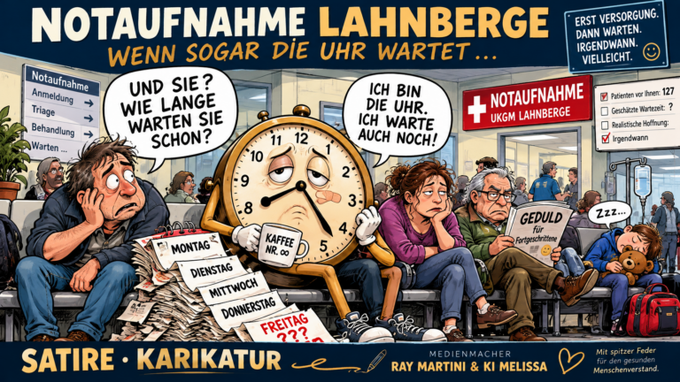 Farbige, ausdrücklich satirische Karikatur eines überfüllten fiktiven Wartezimmers der Notaufnahme Lahnberge: Eine übermüdete Wanduhr sitzt als Patient zwischen Wartenden; Kalenderblätter stapeln sich, der Cartoon trägt den Titel ‚Wenn sogar die Uhr wartet‘. Erfundene Szene, keine Dokumentation einer tatsächlichen Situation.