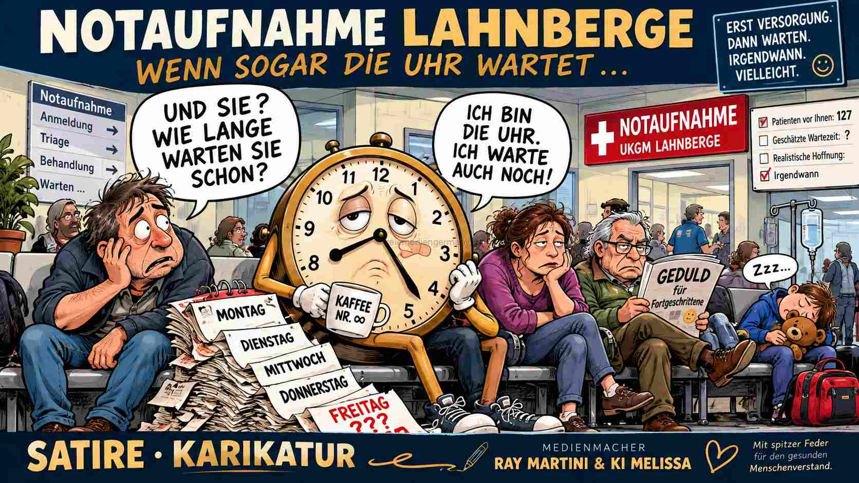 Farbige, ausdrücklich satirische Karikatur eines überfüllten fiktiven Wartezimmers der Notaufnahme Lahnberge: Eine übermüdete Wanduhr sitzt als Patient zwischen Wartenden; Kalenderblätter stapeln sich, der Cartoon trägt den Titel ‚Wenn sogar die Uhr wartet‘. Erfundene Szene, keine Dokumentation einer tatsächlichen Situation.