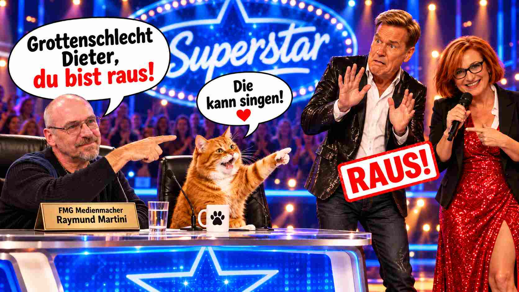 Satirische KI-Bildmontage: Medienmacher Raymund Martini und eine rothaarige Katze als Jury. Lou Hoffner mit Mikrofon, Dieter Bohlen mit großem RAUS-Schild. Alles frei erfunden.