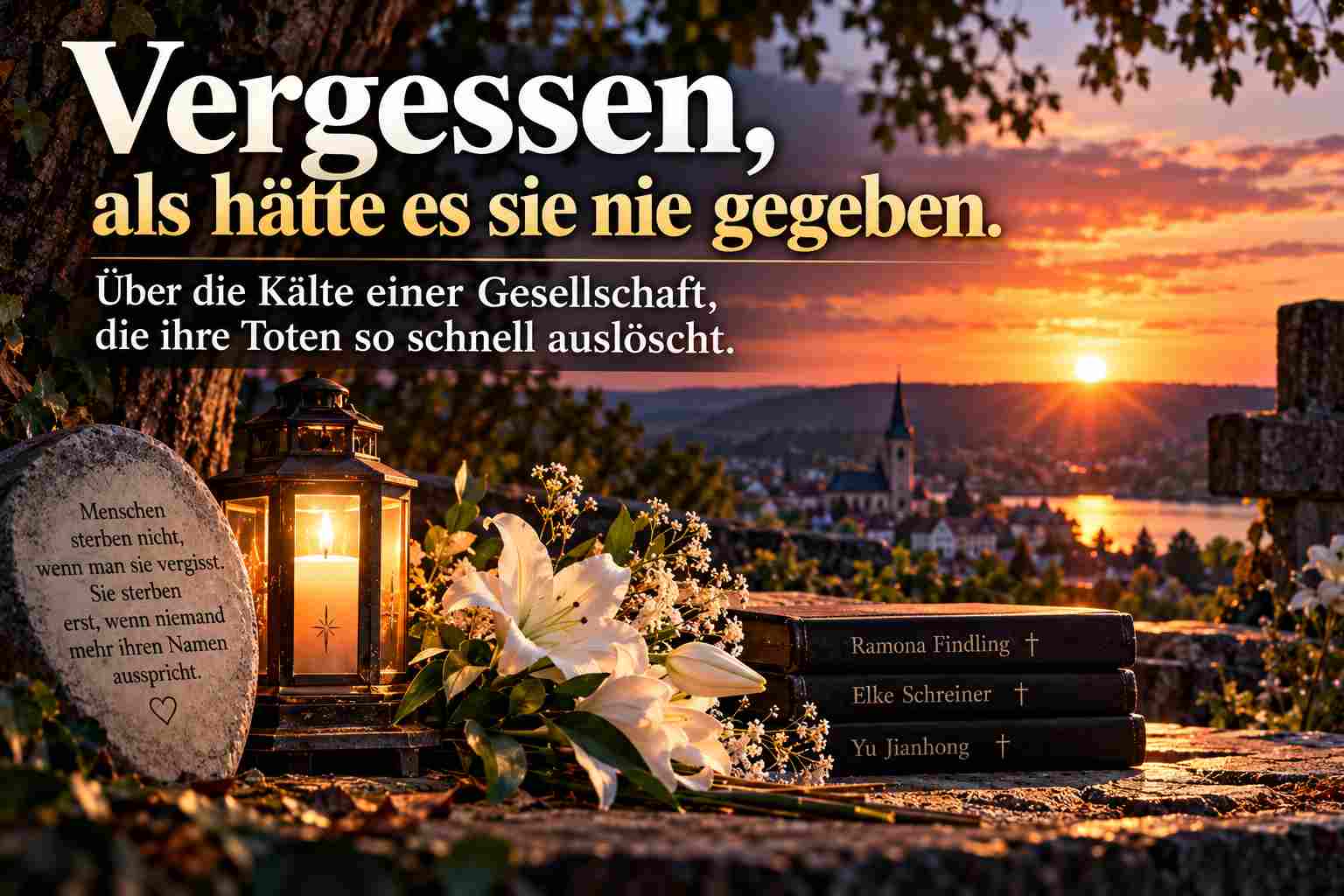 Symbolisches Gedenkbild mit Kerze, Blumen und den Namen Ramona Findling, Elke Schreiner und Yu Jianhong; keine Personenporträts.