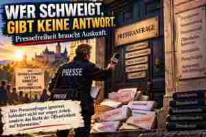 Symbolische Illustration: Ein Reporter steht vor einer verschlossenen Tür, davor liegen unbeantwortete Presseanfragen.