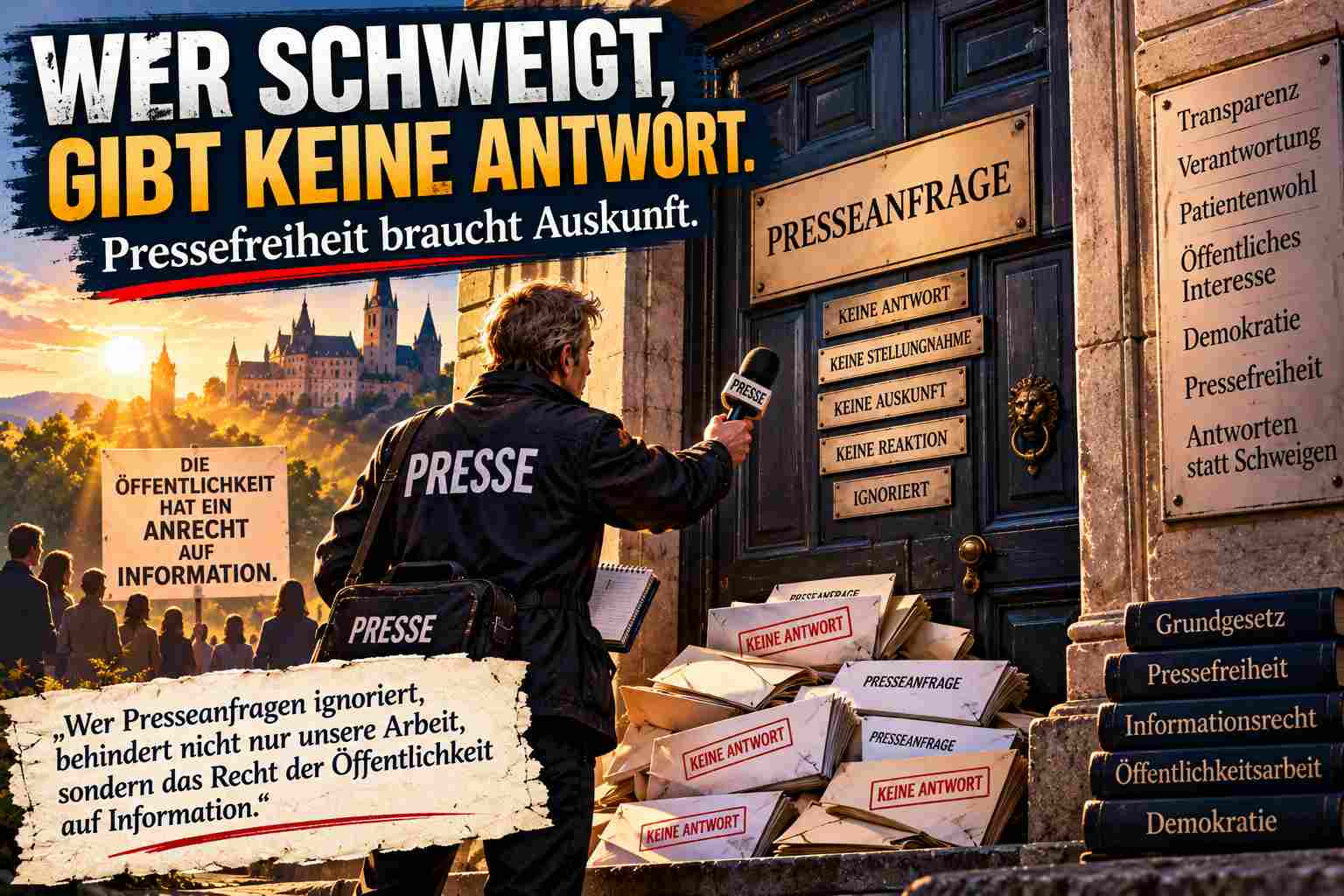 Symbolische Illustration: Ein Reporter steht vor einer verschlossenen Tür, davor liegen unbeantwortete Presseanfragen.